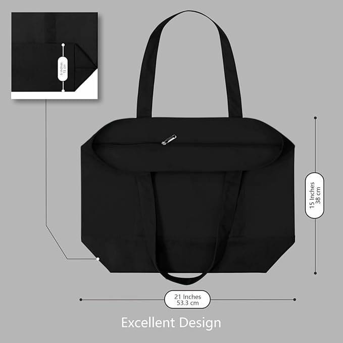 TOPDesign 3-Pack Canvas Tote Bags with an External Pocket, Reusable Grocery Shopping Bags, Top Zipper Closure, Daily Essentials (Black)