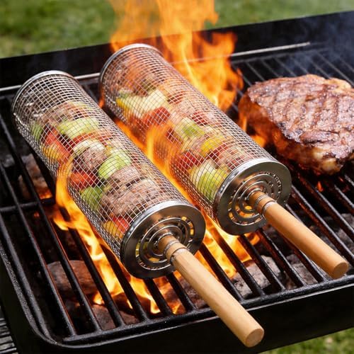 Rolling Grill Basket 2 Pcs, Removable Wooden Handle, 304 Stainless Steel by Unknown