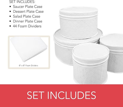 LAMINET 4 Piece Quilted Plate Storage Set - Holds Up to 48 Plates with Padded Inserts - WHITE