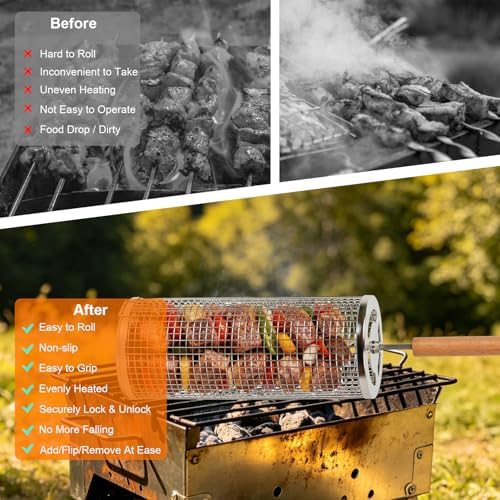 Rolling Grill Basket 2 Pack, Stainless Steel BBQ Grilling Cage - Image 3