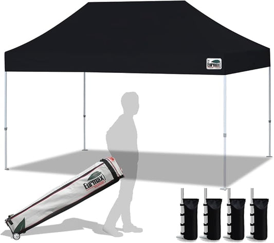 Eurmax USA 10'x15' Pop Up Canopy Tent Commercial Instant Canopies with Heavy Duty Roller Bag,Bonus 4 Sand Weights Bags (Black)