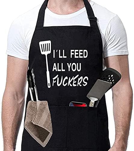 Rosoz Funny Black Chef Aprons for Men BBQ Grill Kitchen Cooking Aprons by Rosoz