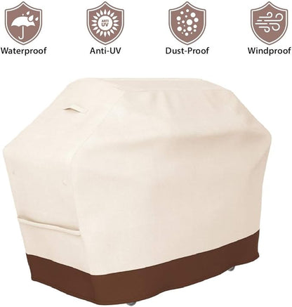 Tuyeho Grill Cover 65 x 24 x 46 inch, 600D Heavy Duty Gas BBQ Cover w/Side Fasteners Straps, Waterproof & Weather Resistant for Your Weber, Char-Broil, Brinkmann, Holland, Jenn Air (Beige & Brown)