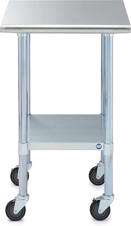 ROCKPOINT Stainless Steel Table for Prep & Work with Caster Wheels 24x24 Inches, NSF Metal Commercial Kitchen Heavy Duty Table with Adjustable Under Shelf and Table Foot for Restaurant, Home and Hotel