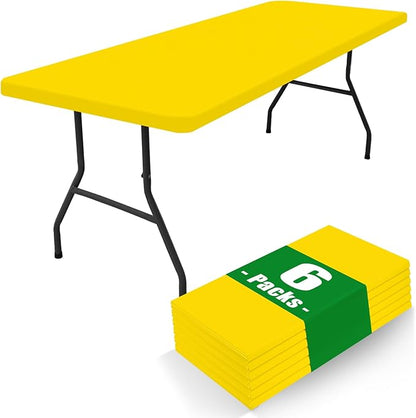Spandex 8 Foot Rectangle Table Cloth 6 Pack, Elastic Fitted Tablecloths for Picnic, Stretch Washable Patio Table Cover for Outdoor, Camping, Banquet and Parties (Yellow, 30"x96")