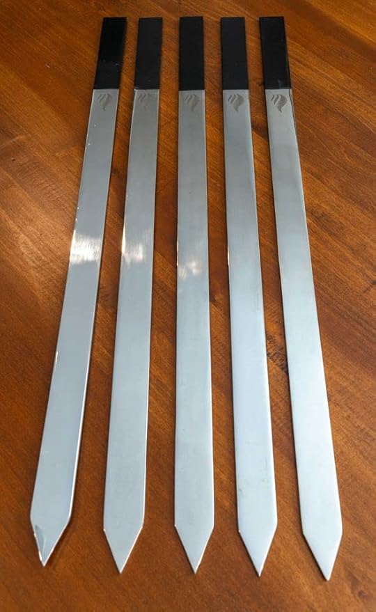 1” Wide Flat Cast Iron Skewers (Set of 5) – Heavy-Duty BBQ Sticks in 22”, 27”, 32” – Koobideh, Tandoori, Kebab Grilling – With Storage Bag – By India’s BBQ (32 inches)