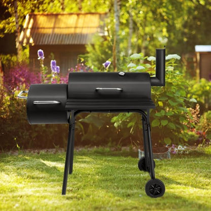 Heavy Duty Barrel Charcoal Grill with Offset Smoker, All Metal Outdoor BBQ Smoker with Front Work Table and Wheels, Portable Barbecue Grill for Backyard Garden Patio Camping Cooking, 43.7" Wide
