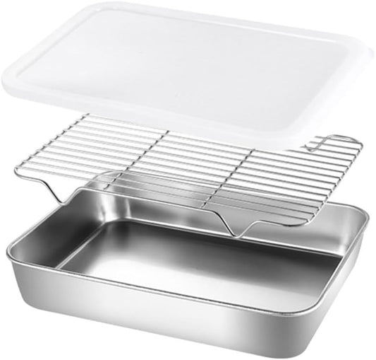 Garneck Stainless Steel Roasting Pan Set Wire Rack Deep Kitchen Prep Tray by GARNECK