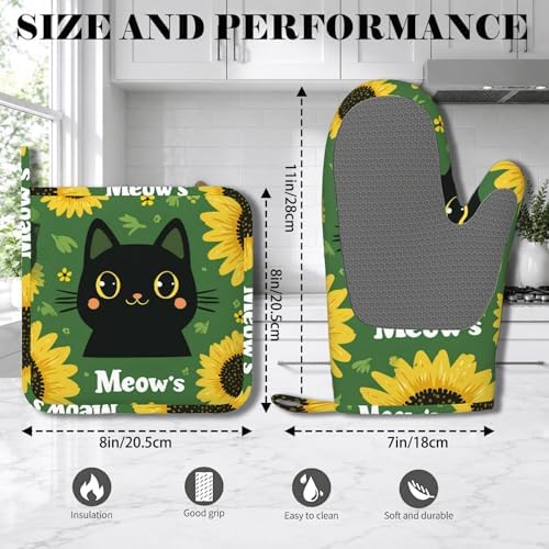 Black Cat Oven Mitts and Pot Holders Sets Cartoon Sunflower Silicone Heat - Image 2