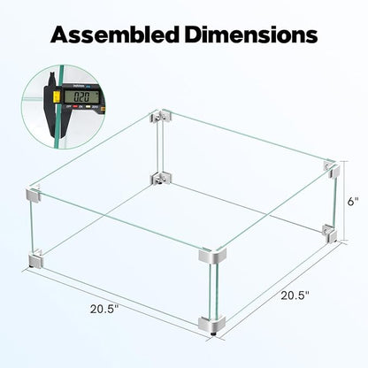 20.5 x 20.5 x 6 Inch Glass Wind Guard for Propane Gas Fire Pit Table, Square Thick Tempered Glass Shield, Firepit Glass Barrier with Aluminum Corner Bracket & Rubber Feet