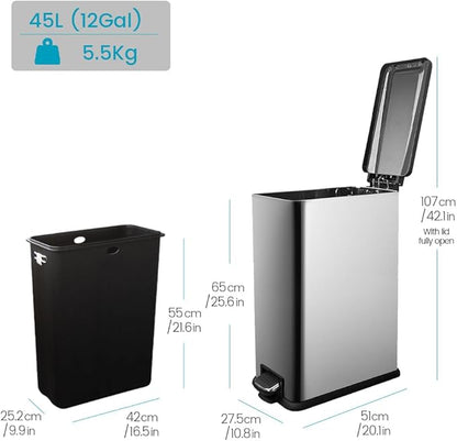 12 Gallon Trash Can with Lid，45L Kitchen Garbage Can,Stainless Steel Trash Can for Narrow Spaces with Soft-Close Lid, Inner Bucket, and Step-on Pedal