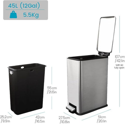 12 Gallon Slim Kitchen Trash Can, Metal Trash Can with Removal Inner Bucket and Soft-Close Lid, Foot Pedal, Stainless Steel Garbage Can 45 Liter, Silver