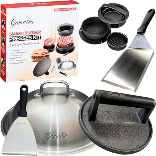 Gamalou® Smash Burger Press Kit: 7" Cast Iron Grill Press, 3-in-1 Patty Maker by GamalouUSA