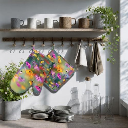 Retro Colorful Flowers Oven Mitts and Pot Holders Sets Boho Floral Non-Slip - Image 7