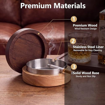 Ashtray with Lid, Wooden with Stainless Steel Insert - Image 2