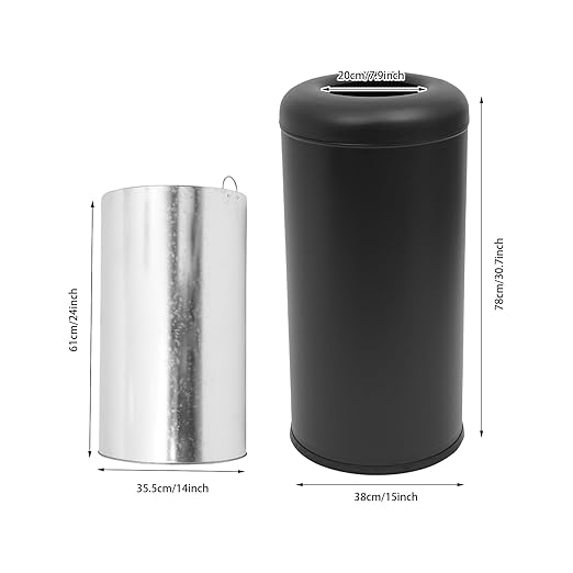 15.5 Gallon Commercial Trash Can, Round Open Top Waste Bin for Indoor and Outdoor, Stainless Steel Trash Bin with Lid, Durable Metal Garbage Can for Restaurant, Kitchen, Office, Black