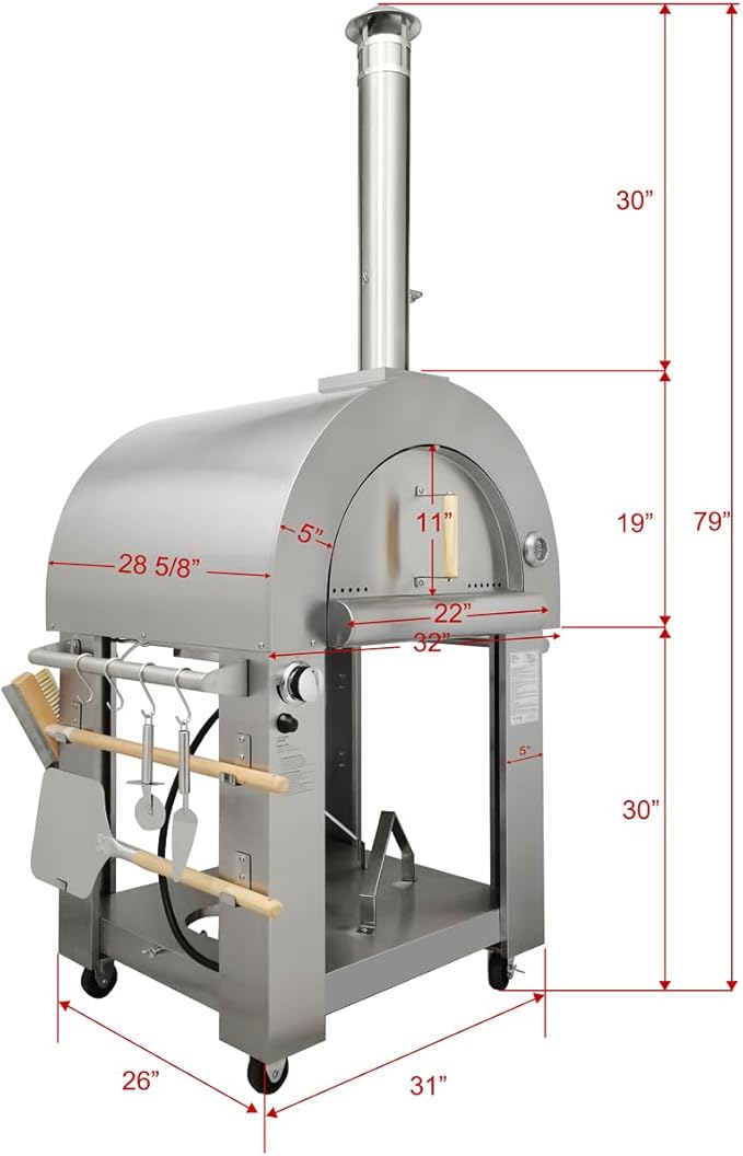 32.5" Wood Fired & Propane Gas Pizza Oven with Waterproof Cover, Large Outdoor Oven with Open Shelf and Wheels for BBQ, Grilling, Stainless Steel Pizza Oven for Outdoor, Backyard and Party (Blue)
