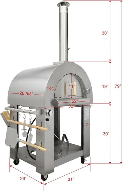 32.5" Wood Fired & Propane Gas Pizza Oven with Waterproof Cover, Large Outdoor Oven with Open Shelf and Wheels for BBQ, Grilling, Stainless Steel Pizza Oven for Outdoor, Backyard and Party (Red)