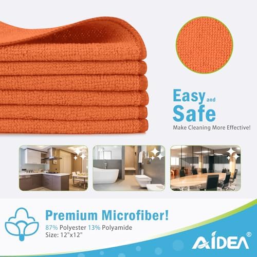 AIDEA Orange Microfiber Cleaning Cloth-12PK, Cleaning Rags 12"x12" Reusable - Image 2