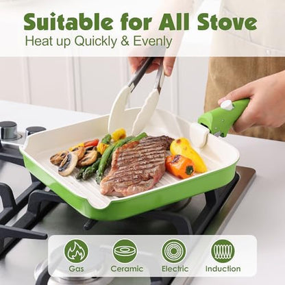 SENSARTE 17 Piece Ceramic Detachable Handle Pots and Pans Set Green - Image 6