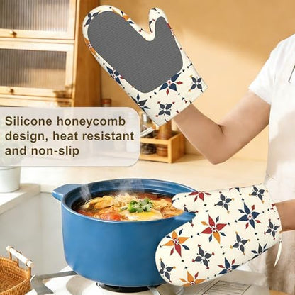 Colorful Line Flowers Oven Mitts and Pot Holders Sets of 4, Heat Resistant - Image 4