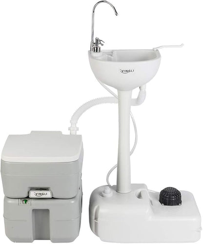 VINGLI Upgraded Portable Sink and Toilet Combo| Self-contained 5 Gal Hand Washing Station & 5.3 Gal Flushing Toilet, Perfect for Camping/RV/Boat/Road Tripper/Camper, Detachable & Lightweight