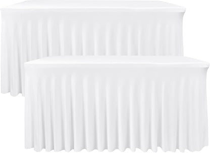 Nasitos White Table Skirt for 8 Foot Rectangle Tables, 2 Pack - 96 x 30 Inch - Stretch Spandex Fitted Table Clothes, Fabric Table Covers Cocktail Tablecloths for Party, Banquet, Birthday