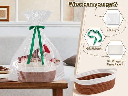 OIAHOMY Gift Basket Empty with Handle, 12"x 8"x 5" Small Woven Basket with Gift Bag, Ribbon and Wrap Tissue Paper, Dog Toy Storage for Organizing - Rust Red & White