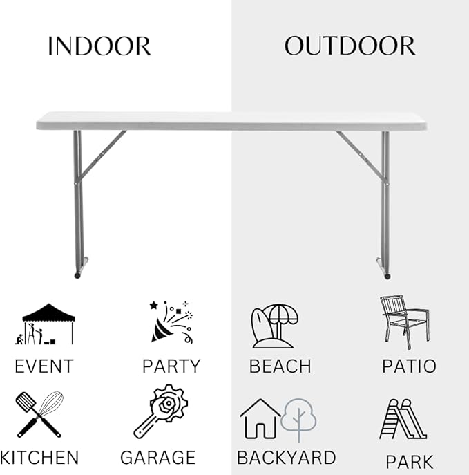 BTEXPERT 6-Foot - 72" Long White Granite Plastic Folding Seminar Training Table Portable 18" Wide Narrow, 29" High, Events Indoor Outdoor Lightweight