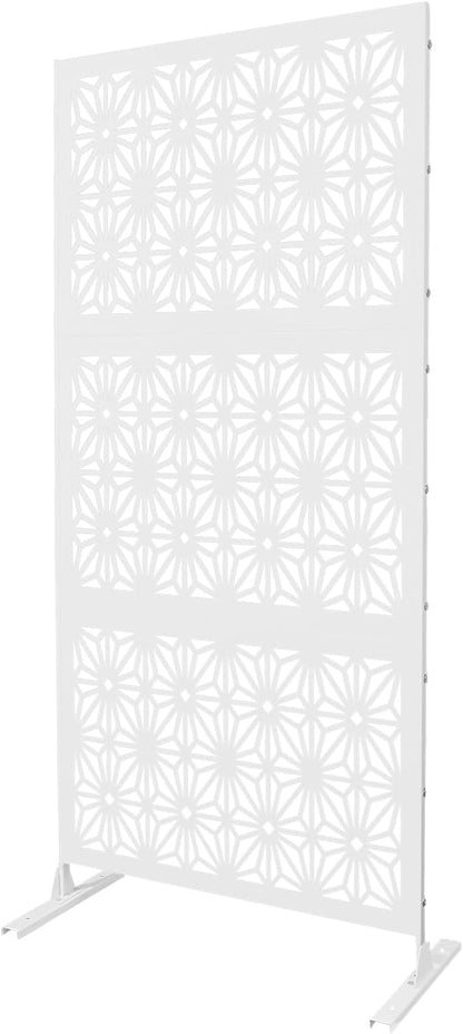 75" H×35" W Decorative Outdoor Privacy Screen with Stand, Outdoor Decor Privacy Fence Screen Metal Fence Panels, Free Standing Metal Divider for Patio Lawn Deck (White-Snowflake)