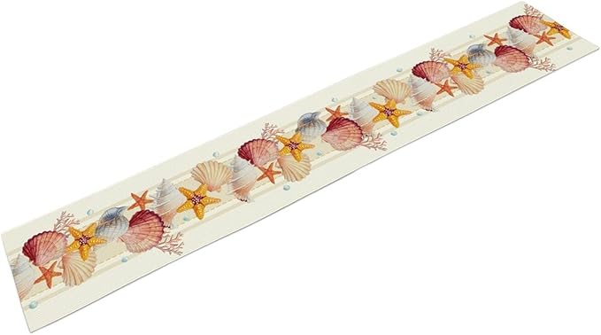 Coastal Table Runner, Yellow Coastal Starfish Coral Shell Pearl Beach Ocean Watercolor Summer Coffee Table Center Decor for Holiday Party Kitchen Outdoor Farmhouse Table Decorations, 13" X 72"