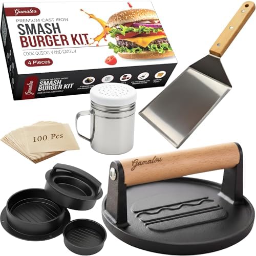 Gamalou® Smash Burger Press Kit: 7” Cast Iron Flat Press, 3-in-1 Hamburger Maker by GamalouUSA