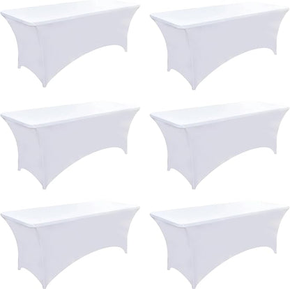 6-Pack 8ft White Spandex Table Covers for Rectangle Folding Tables - Washable Elastic Tablecloth - Ultimate Fitted Table Protector for Birthday Parties, Trade Shows, Banquet