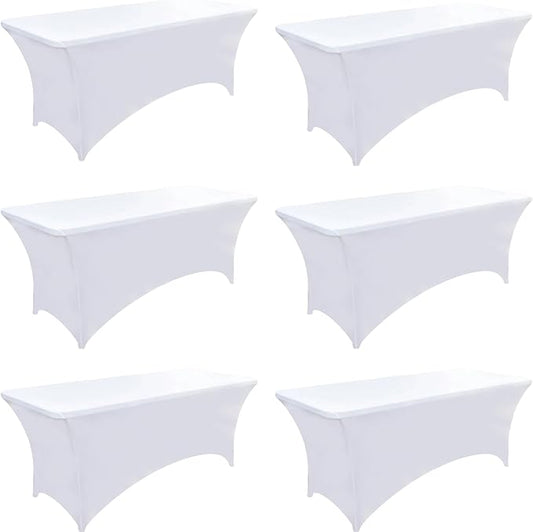6-Pack 8ft White Spandex Table Covers for Rectangle Folding Tables - Washable Elastic Tablecloth - Ultimate Fitted Table Protector for Birthday Parties, Trade Shows, Banquet