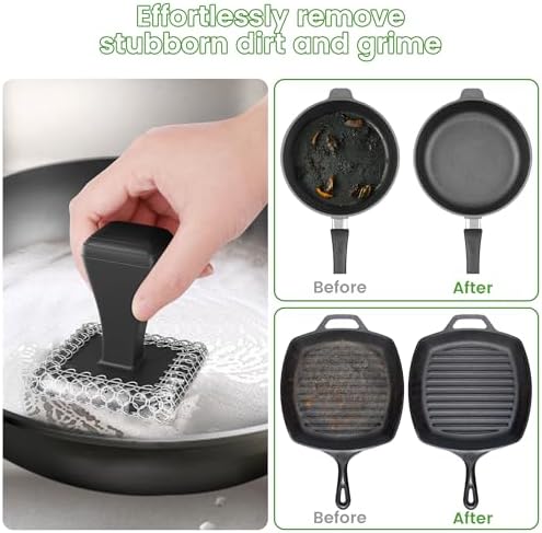 TOPULORS Long Handled Chainmail Cast Iron Scrubber & 2 Scrapers, Dark Black - Image 3