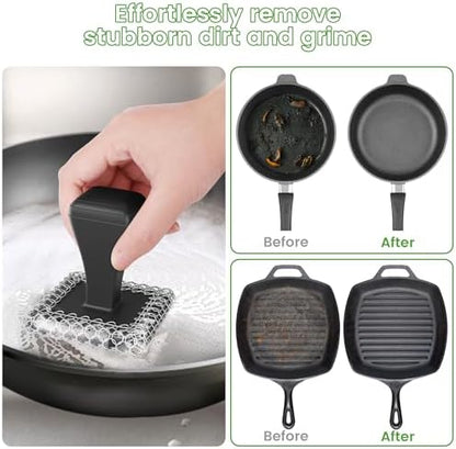 TOPULORS Long Handled Chainmail Cast Iron Scrubber & 2 Scrapers, Dark Black - Image 3