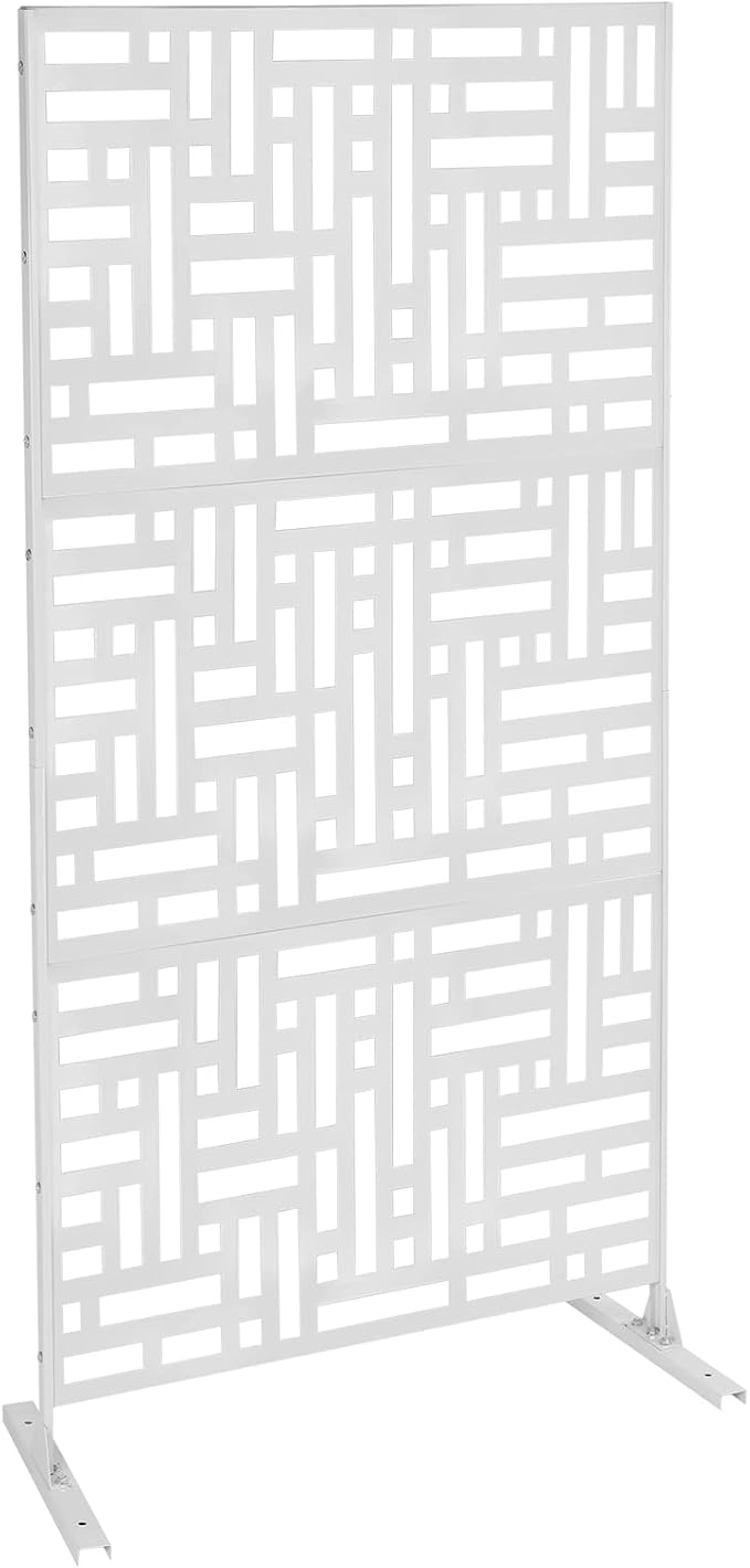 Metal Privacy Screen 75" H x 35" W Freestanding Outdoor Privacy Panels Fence Decorative Indoor Room Garden Divider with a H-Shaped Heavy-Duty Base for Balcony, Patio, Deck, Backyard (White)