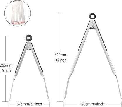 Metal Tongs for Cooking, Set of 2 Stainless Steel Spatula Tongs for Grilling, Cooking and Flipping, Strong Grip for Ribs, Steak and Fish, Comfortable Grip, Easy Pull Lock, 9 inch & 12 inch