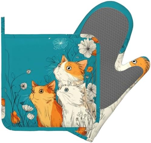 Cute Cat Kitten Oven Mitts and Pot Holders Sets Non-Slip Silicone Surface by Unknown