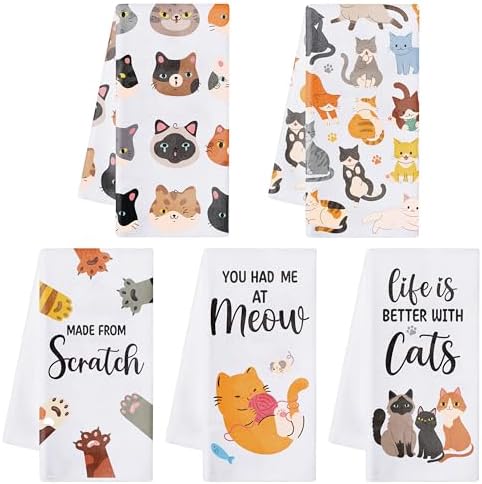 R HORSE 5Pcs Funny Cat Kitchen Towel Funny Saying Dish Towel Cat Lover Gift by RHORSE