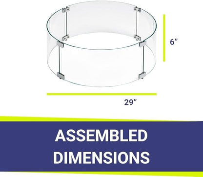 American Fire Products | Tempered Glass Flame Guard for 25” Round Drop-in Fire Pit Pans | Outdoor Wind Guard with Aluminum Fire-Resistant Brackets & Non-Slip Feet | 29-inch x 6-inch