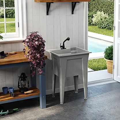Freestanding Utility Sink with Two Handle Chrome Faucet - 24" Plastic Utility Sink for Garage, Laundry, Indoor and Oudoor Use - Laundry Tub Kit by Noah William Home - Grey (19.5 gal)