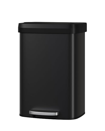 Garvee 13 gal / 50 L Metal Trash Can with Lid, Large Garbage Can for Kitchen, Rustproof Step-on Kitchen Metal Trash Bin with Liner Rim, Rear Handle, Soft Close Plastic Lid, Black
