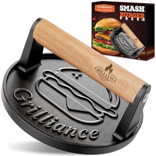 Grilliance Smash Burger Press Kit, Cast Iron Flat Round Hamburger Smasher 6.6" by GrillianceBBQSET