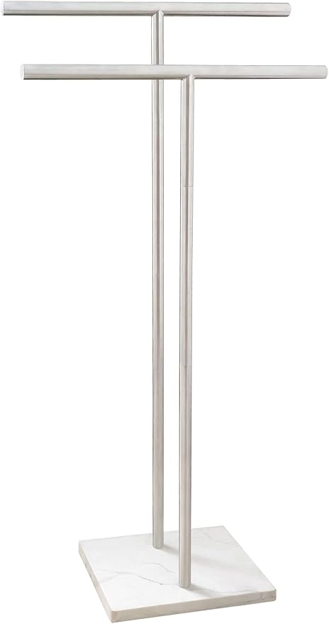 40 Inch Standing Towel Rack Double-T Shape Tall Bath Towel Sheet Holder with Marble Design Base for Bathroom Floor Next to Tub or Shower 2 Tier Towel Holder Stand Stainless Steel Brushed Nickel