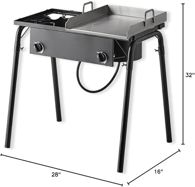 Griddle Plate 15" Gas Stove 32" with Hose Guard, Steel Heavy Duty Double Burner Outdoor Patio Stove, Tank Cooker Perfect for Deep Frying or Steaming, Turkey Fry, Catered Events, Range - 150,000BTU