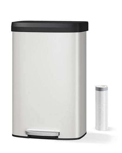 Garvee 21 gal / 80 L Metal Trash Can with Lid, Large Garbage Can for Kitchen, Rustproof Step-on Kitchen Metal Trash Bin with Liner Rim, Rear Handle, Soft Close Plastic Lid, White