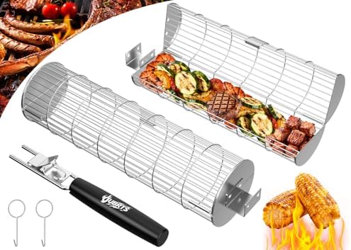 Rolling Grill Baskets for Outdoor Grill, Removable Wooden Handle by OUBRTS