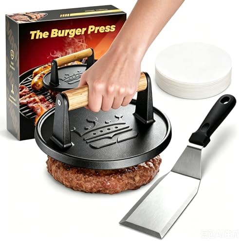 Smash Burger Press 6.5"& Spatula Set 20pc Baking Paper, Gift by Basinel