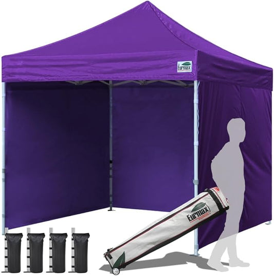 Eurmax USA 10'x10' Pop-up Canopy Tent Commercial Instant Canopies with 4 Removable Zipper End Side Walls and Roller Bag, Bonus 4 SandBags(Purple)